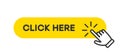 Click here button. Hand pointer clicking, finger cursor with yellow rounded button for website. Vector